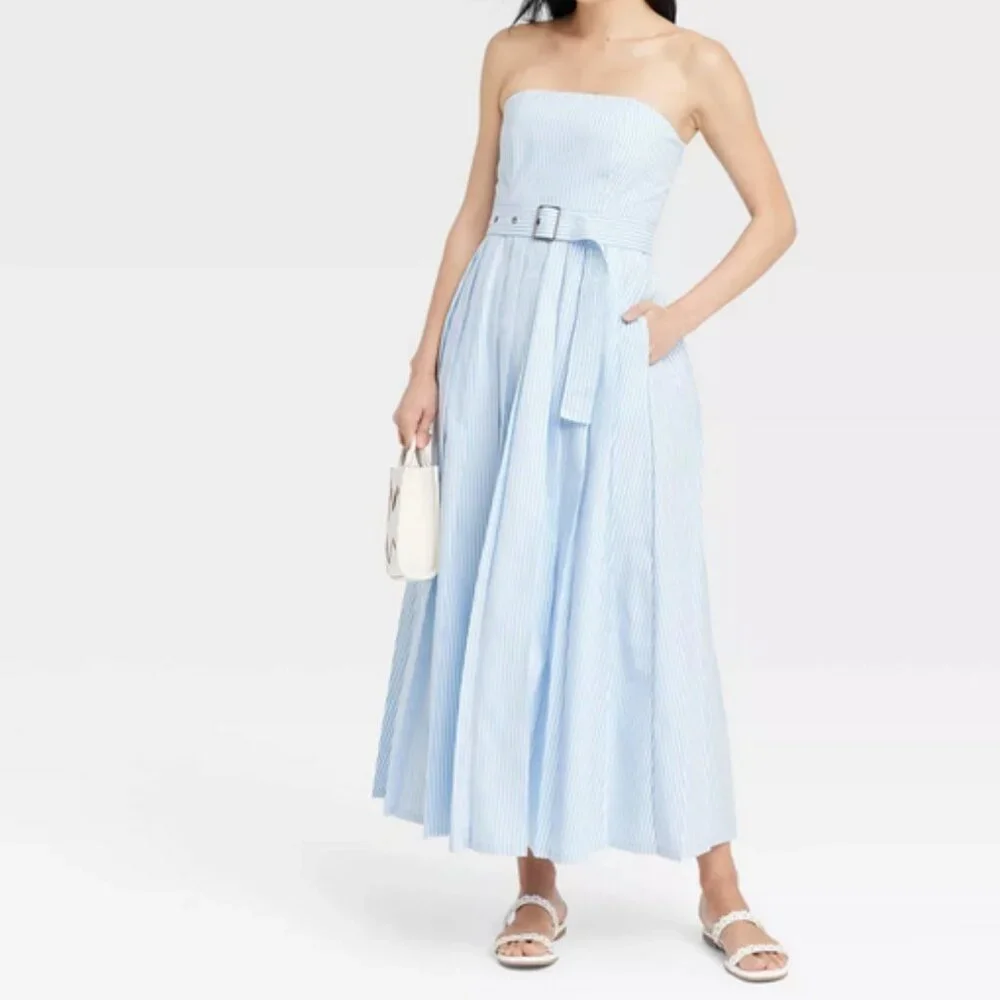 A New Day Belted Midi Bandeau Dress NWT Striped - Picture 1 of 12